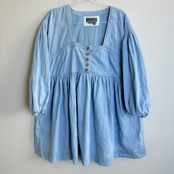 Anthropologie Blue Denim Square Neck Puff Sleeve Babydoll Dress Top 1X pockts - Picture 2 of 9